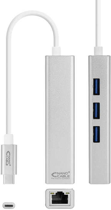 Nanocable Conversor USB-C a Ethernet Gigabit + 3xUSB 3.0, Plata, 15 cm
